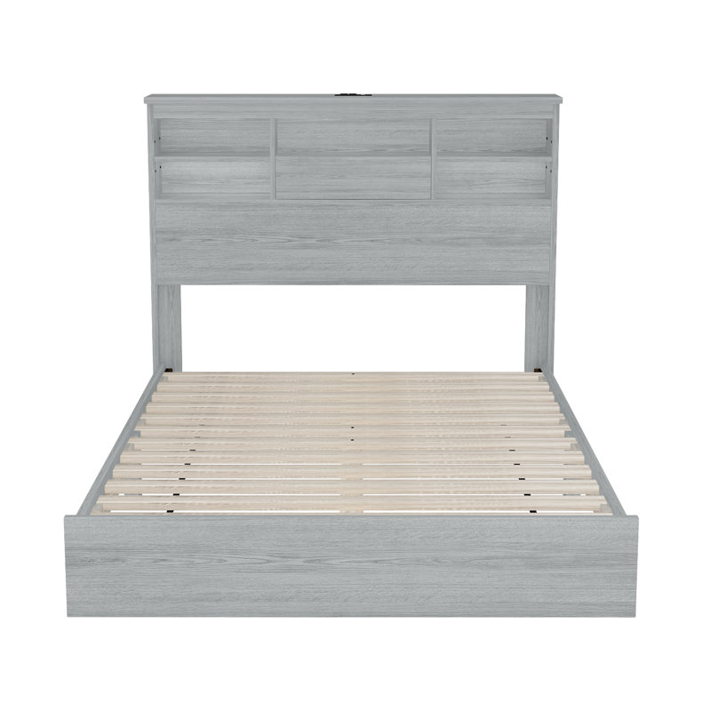 Grand lit plateforme avec rangement fonctionnel et tête de lit pour tête de lit fonctionnelle, Gris clair