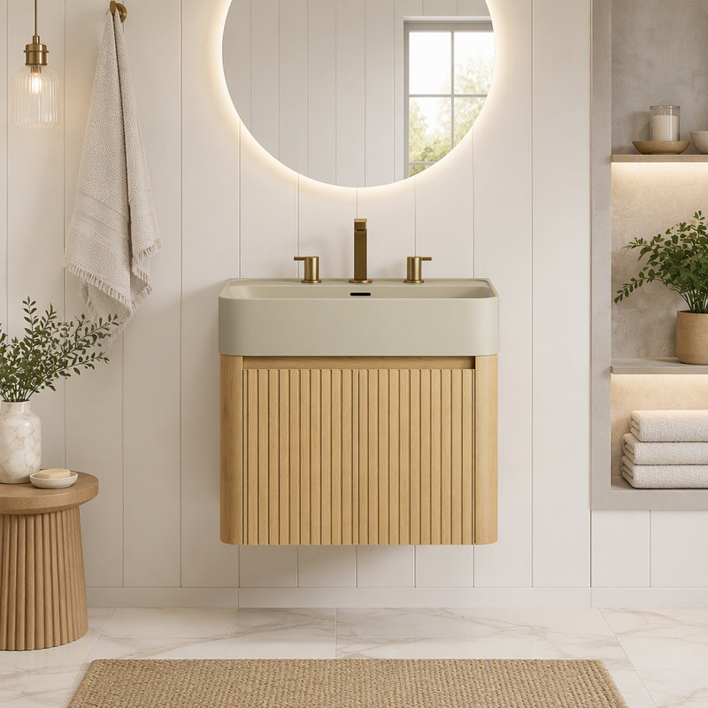 Meuble-lavabo mural 24 po avec lavabo intégré à surface solide et portes à fermeture en douceur, Crème beige, chêne doré