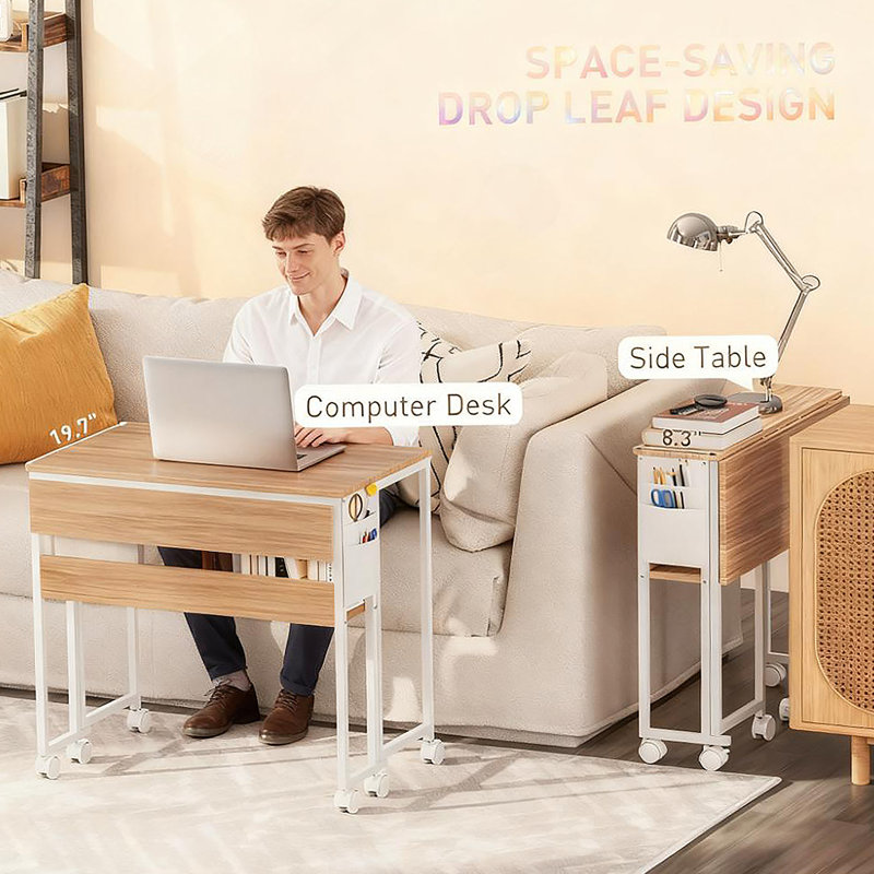 Bureau d'ordinateur pliable, avec roulettes pivotantes à 360 °, tablette pour petits espaces, Bois naturel / blanc