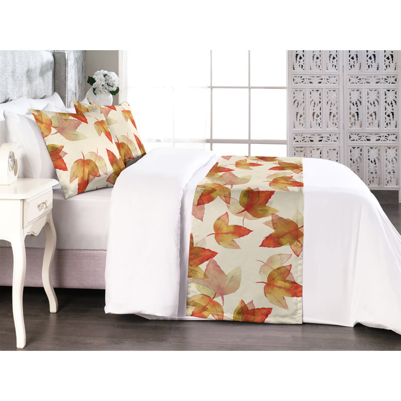Ambesonne Autumnal Design Bed Runner Set Romantic Leaves Pistachio Green Cinnamon, King
