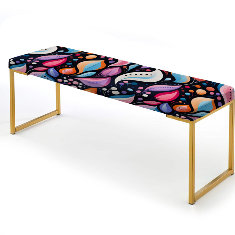 Midcentury Purple Flowers Pattern - Midcentury Upholstered Gold Bench