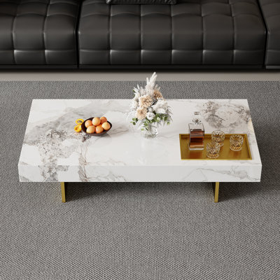 Table basse moderne 51 po, plateau de table en faux marbre brillant, pieds en acier inoxydable