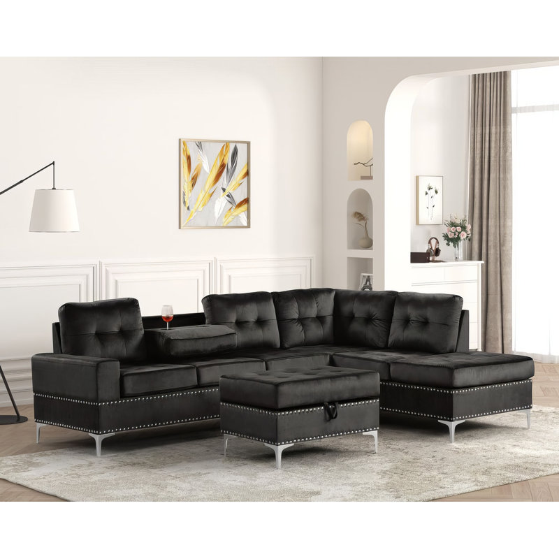 Canapé modulaire réversible 2 pièces Kryspin, Velours noir