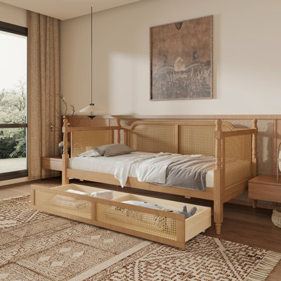 Lit de jour simple en rotin de style traditionnel avec 2 tiroirs pour un espace limité, chambre d'amis, pas de sommier nécessaire, noyer antique