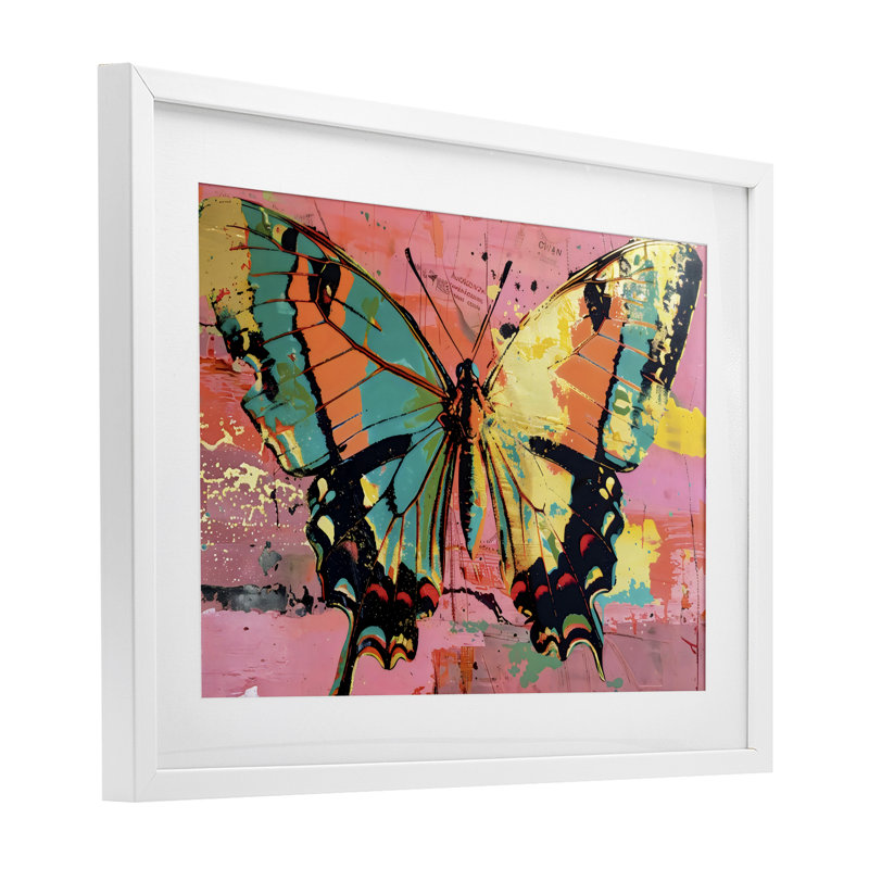 «Retro Butterfly over Abstract», reproduction encadrée sous verre rose par LSR Design Studio, H 14 po x l 20 po