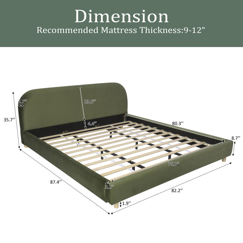 Lit plateforme très grand avec tissu, lit plateforme tapissier avec tête de lit courbée