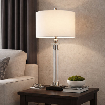 Lampe de table colonne moderne en cristal pour chambre à coucher - Petite lampe d'appoint élégante pour chevet, bureau ou salon - 29 po, transparent et blanc