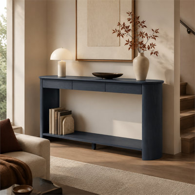 Console 59,6 pouces en U avec placage de chêne en forme de ferme - Canapé semi-circulaire en bois bleu avec 3 tiroirs et tablette, convient à divers espaces