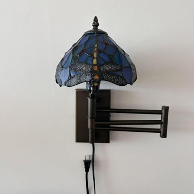 Tiffany Sconce Lamp Plug In Swing Arm Stained Glass Dragonfly LED Bulb 13”W*8”D*15”H