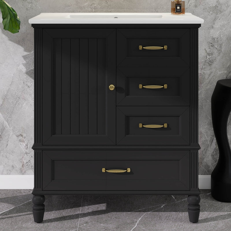 Meuble-lavabo de 30 po avec lavabo, armoire en bois d'acacia et panneau de fibres à densité moyenne avec porte à fermeture douce et 3 tiroirs, patins réglables