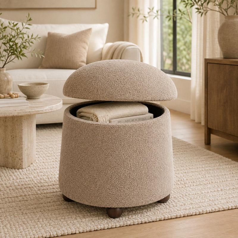 Tabouret rond avec rangement caché en sherpa Schick, siège rembourré brun, Brun