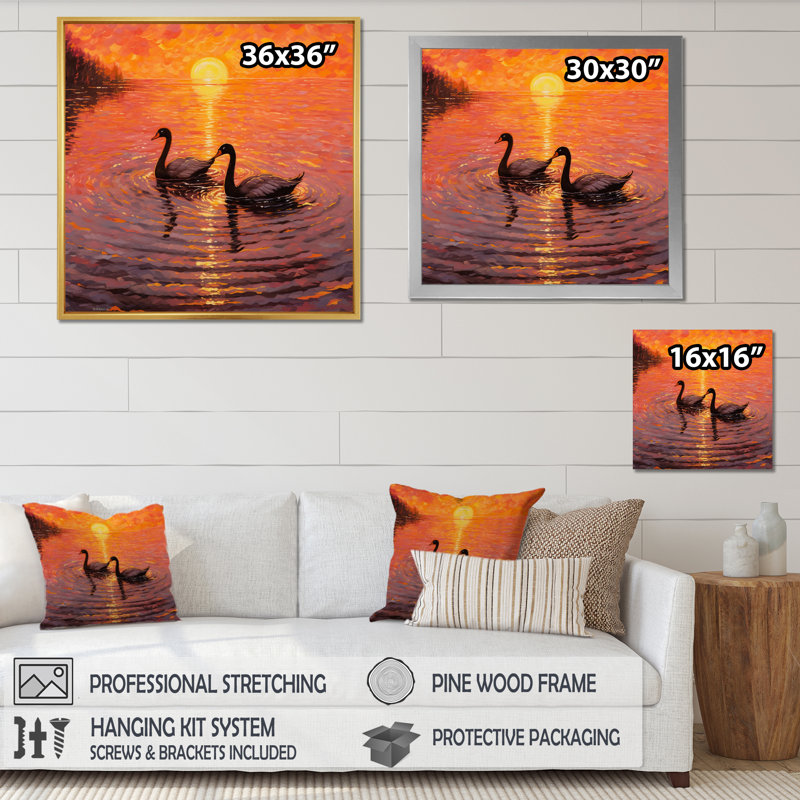 Cygnes amoureux, coucher de soleil romantique, Cadre naturel flottant, 16" H x 16" W