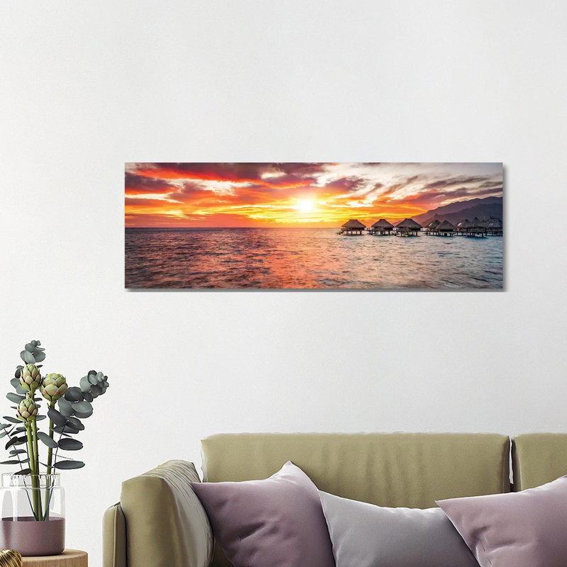 Overwater Bungalows At Sunset, Bora Bora Atoll - Wrapped Canvas Panoramic Gallery-Wrapped Canvas Giclée