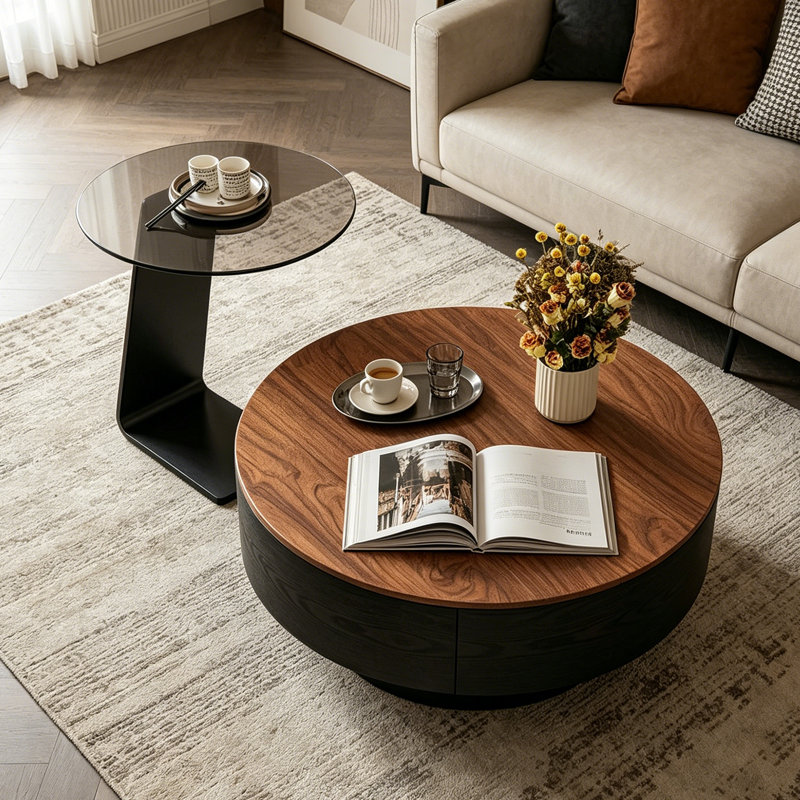 French Retro Premium Coffee Table, 13" H x 31.49" W x 31.49" D, Tan/Brown/Black