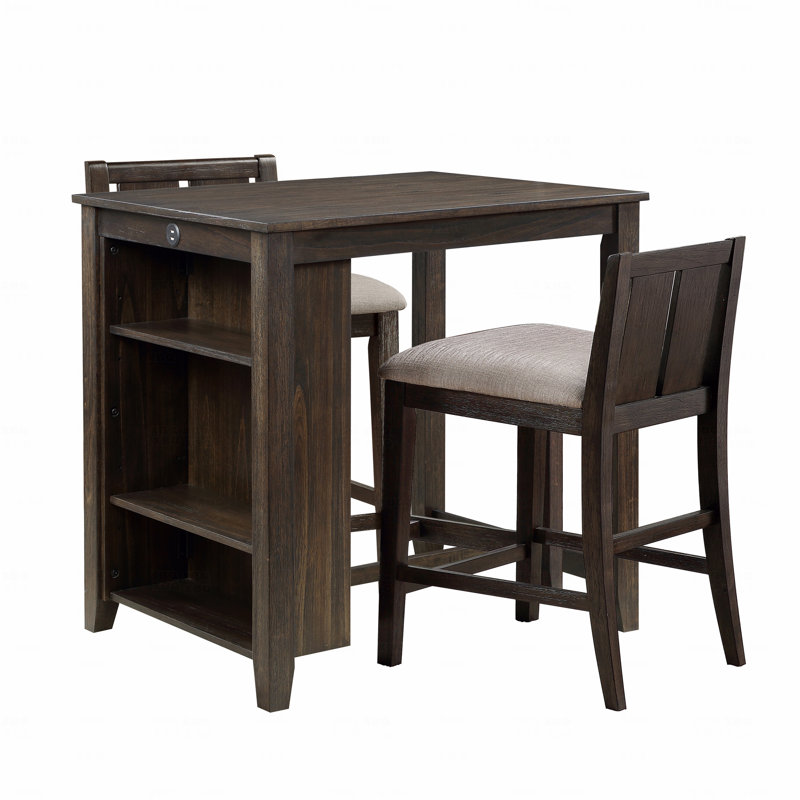 3-Piece Counter Height Set Table With With Display Shelf Usb Ports And 2 X Counter Height Dining Chairs Fabric Upholstered