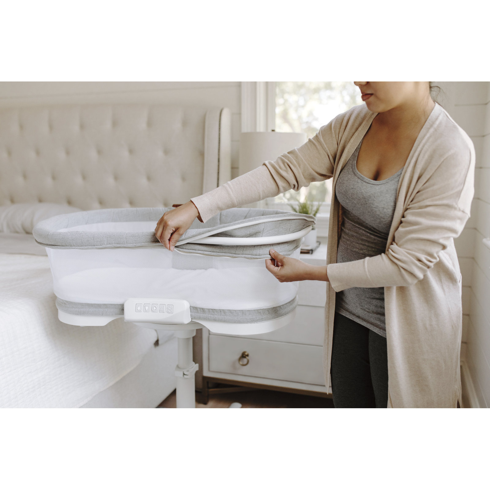 Luxe Dove Gray/White Tweed Bassinet with Bedding