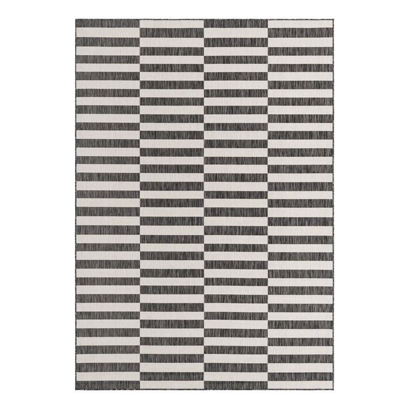 Tapis intérieur / extérieur rayé gris anthracite / ivoire Finkelstein, Rectangle 8 pi x 11 pi 4 po