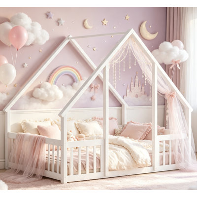 Lit de sol pour enfant en forme de maisonnette, avec barrières de sécurité, cadre de lit cabane Montessori en pin massif pour chambre à coucher, blanc