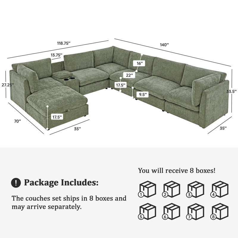 Miloe 7 Piece Upholstered Sectional, Green