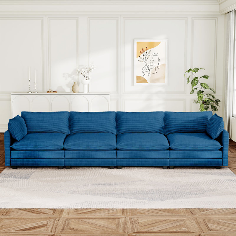 Corduroy Square Arm Rectangle Sofa For Living, Blue Corduroy