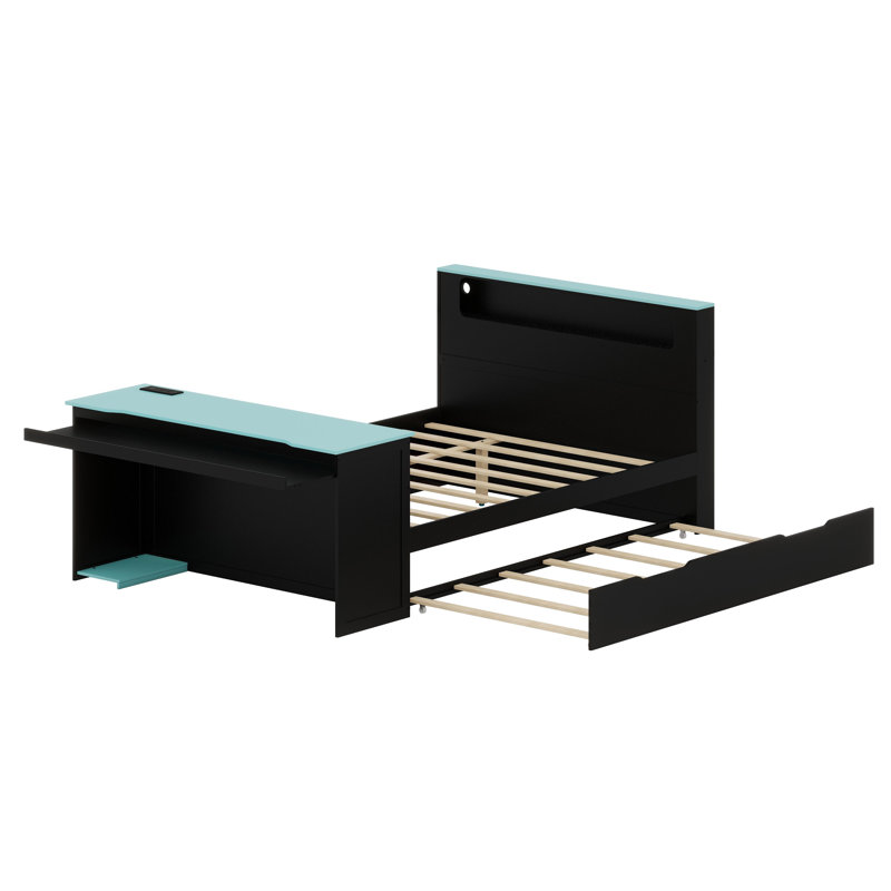 Lit de jour Smart Kids avec lit gigogne escamotable, espace de travail, lampe à DEL et connectivité USB, Noir / Bleu