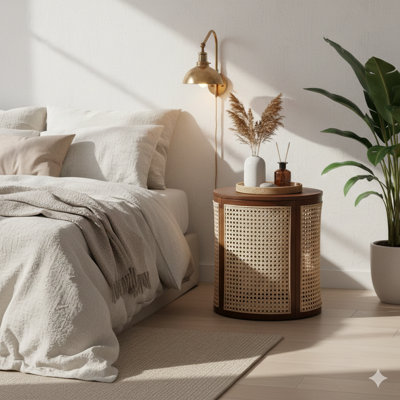 Une table d'appoint ronde mesurant 15,7 pouces de diamètre. Comprend un design tissé creux fabriqué à partir de bois d'hévéa avec un accent de tissage en rotin, servant de petite table de chevet ou de table à thé. Il possède un plateau circulaire en bois et offre une élégante pièce décorative.