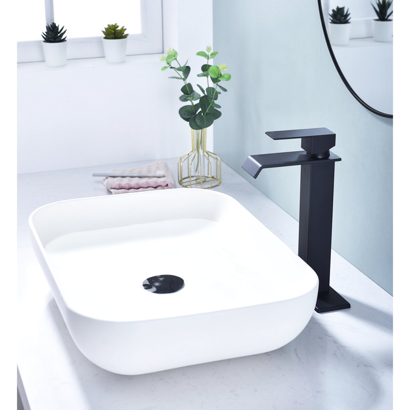 Waterfall Spout Bathroom Faucet With Pop-Up Drain In Matte Black, Stainless Steel For A Remodel Sink Drain, Black Finish Graceful