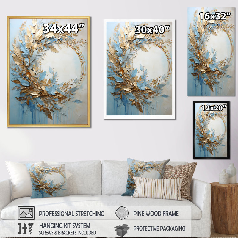 Couronne de fleurs bleue et dorée - salon d'art mural, Cadre doré simple, H 32 po x l 24 po