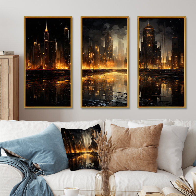 «Nyc Cityscape Night Noir - City Buildings», ensemble d'art sur toile, Cadre flottant doré, H 32 po x l 48 po x P 1 po