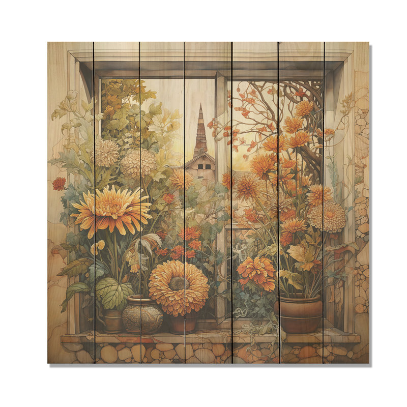 Fenêtre de ferme de fleurs jaune et verte II - imprimé floral sur bois, H 36 po x l 36 po