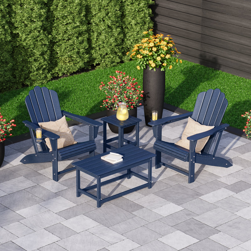 Outdoor Poly Adirondack Chair With Side Table And Coffee Table 4-Piece Set, Navy
