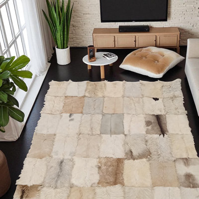 Tapis en cuir de chèvre naturel, tapis en cuir de chèvre véritable, tapis multicolore beige et blanc_4 x 6 pi