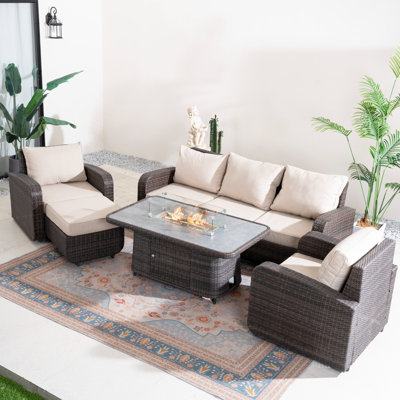 6 - Person Outdoor Wicker Fire Pit Patio Dining Set With Cushions