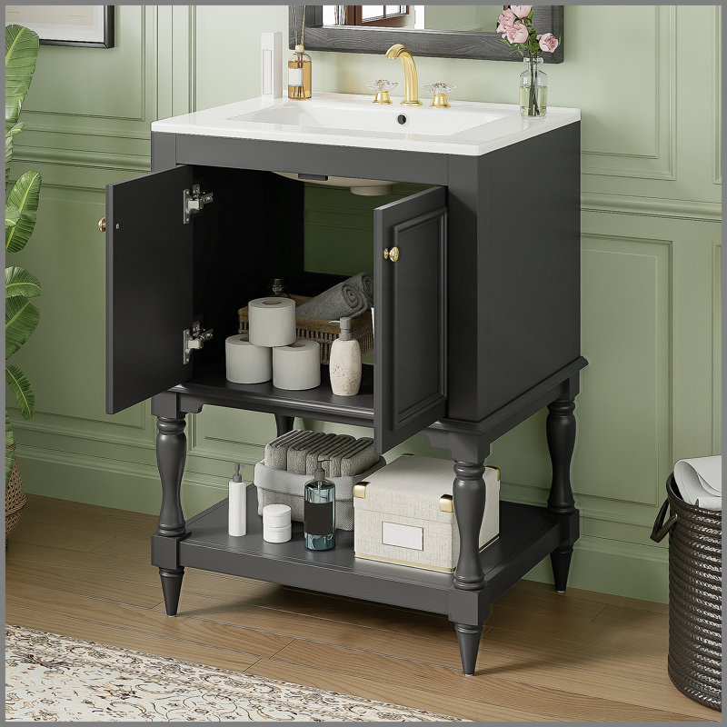 Meuble-lavabo de luxe moderne 24 po avec lavabo en céramique, armoire de salle de bain avec tablette ouverte et rangement fermé