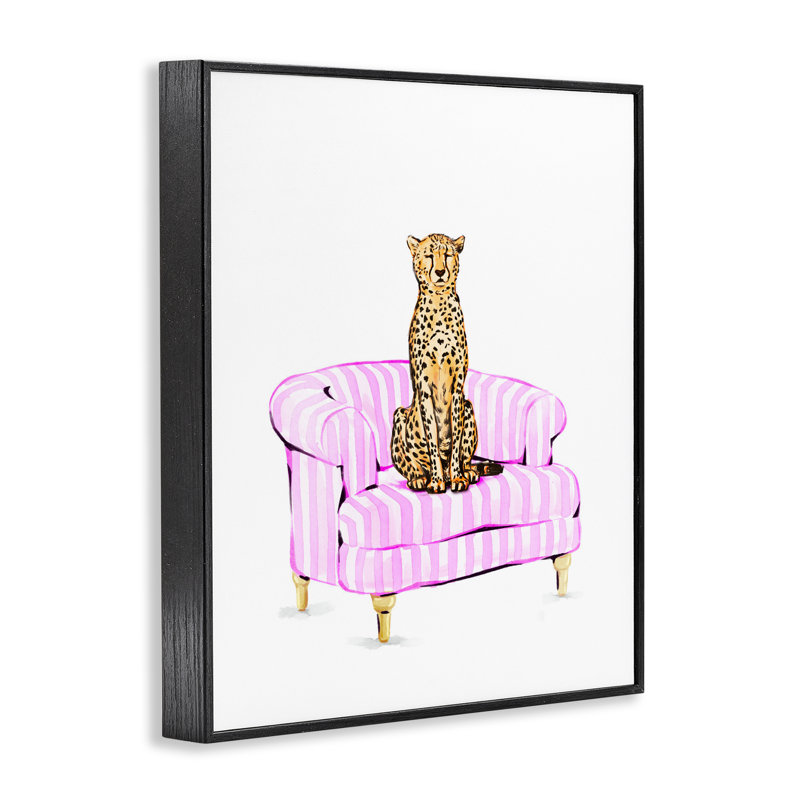 Guépard sur chaise rayée rose, estampe numérique, design par Ziwei Li, H 14 po x l 11 po, Giclée encadrée noir minuit