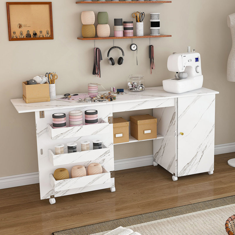 Bureau intérieur, table pliable avec roulettes verrouillables, tablettes pour la maison