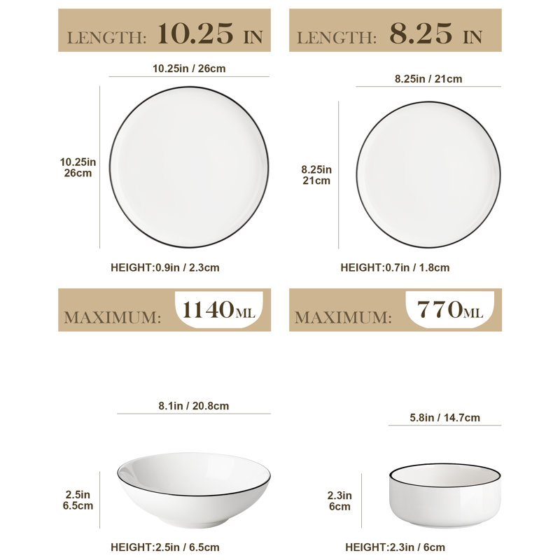 16 Piece Porcelain China Dinnerware Set - Service for 4 , Black/White