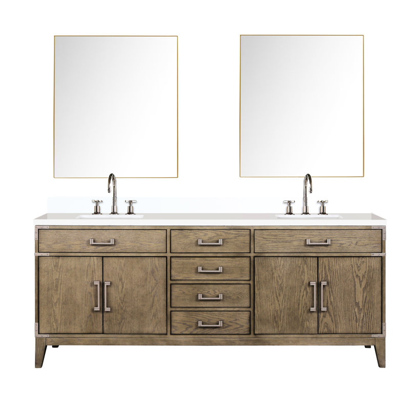 Meuble-lavabo double en chêne gris, comptoir en quartz, robinet, 36 miroirs, meuble-lavabo poli à la main pour durer, P, surface, fini scellé et durable