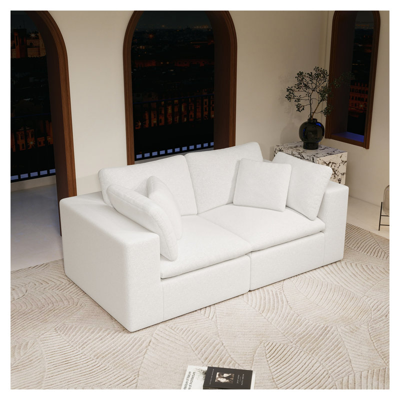 78.8" x 39.4" White Modular Sectional Sofa Seat, 2-Seater Upholstered Foam Furniture, No Assembly Required, White Corduroy