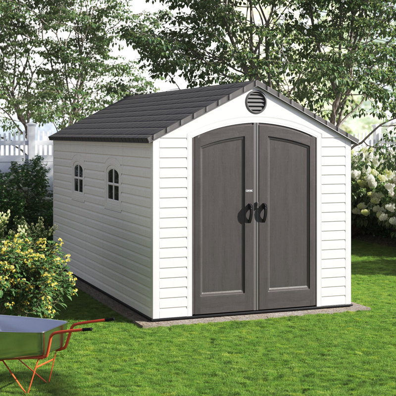 Large Beige and Brown Polyethylene Storage Shed with Windows and Shelving