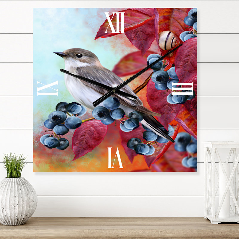 Petit oiseau gris sur un rameau d'automne rouge sur bleuet - Horloge murale traditionnelle, Moyen