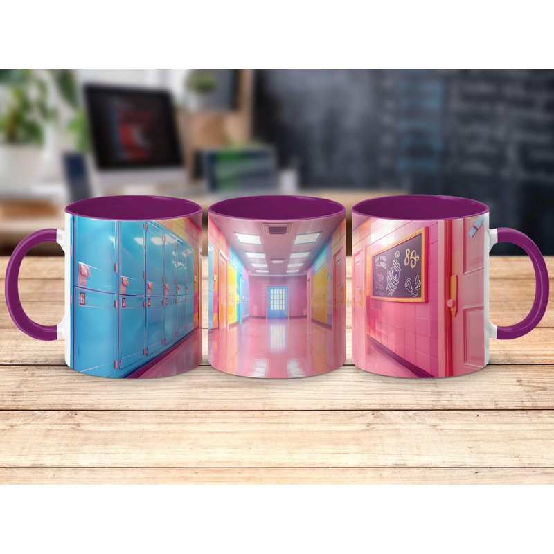 Kids Drawing Style 11oz Accent Mugs – Ceramic Coffee Cup with a Purple Handle and Interior
