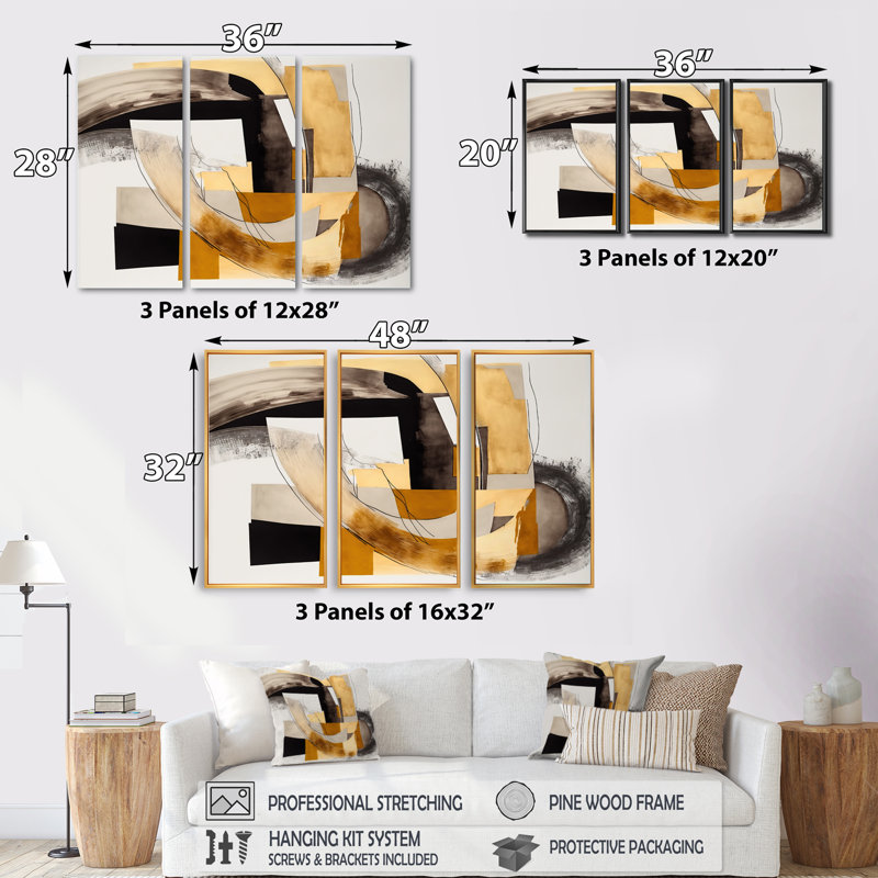 Glam Art Deco Abstract IV - ensemble d'art mural moderne sur toile, Cadre noir, H 28 po x l 36 po x P 1 po