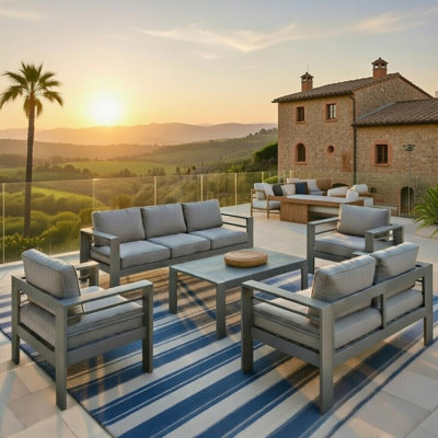 All-Weather 5-Piece Modern Metal Patio Furniture Set,  7-Seat Conversation Sofa With Thick Gray Cushions & Gray Frame And Coffee Table