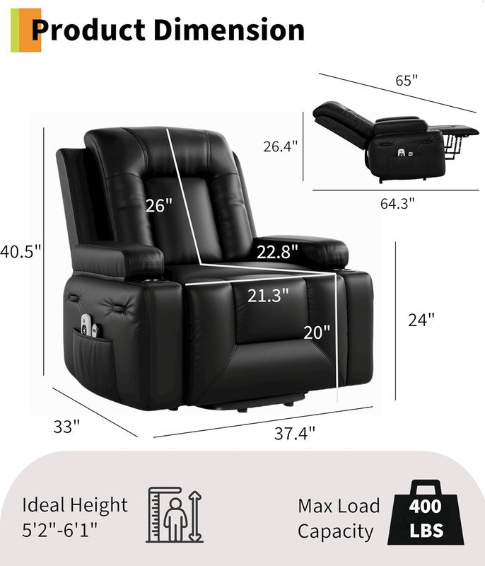 Power Lift Recliner Chair with Heat & Massage, PU Leather Electric Lift Chair for Elderly & Mobility Impaired, Black