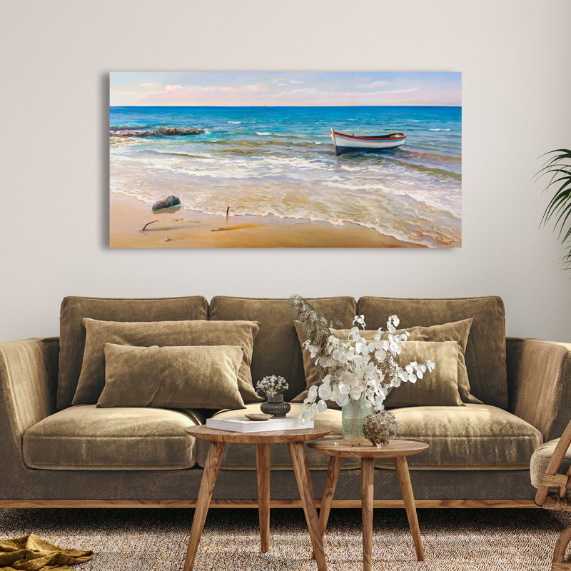 Seascape With Lone Boat On The Shoreline by Adriano Galasso - Wrapped Canvas Print, 35cm H x 70cm W x 4cm D