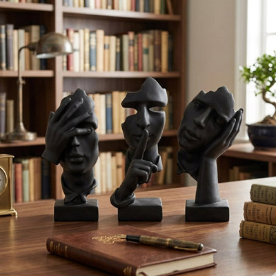 Set Of 3 Thinker Statues, Abstract Resin Figurines For Home Office Shelf Desk Decor, Black