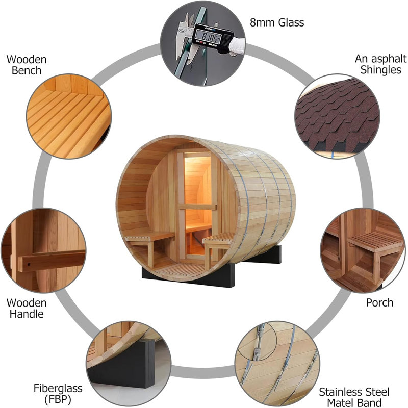 ZONEMEL Indoor and Outdoor Barrel Sauna Room with Porch, Asphalt Shingle Roof, Canadian Hemlock Wood Steam Sauna with ETL Certified 6KW TOULE Heater, Tempered Glass, Mostly for 6 People Sauna Bath