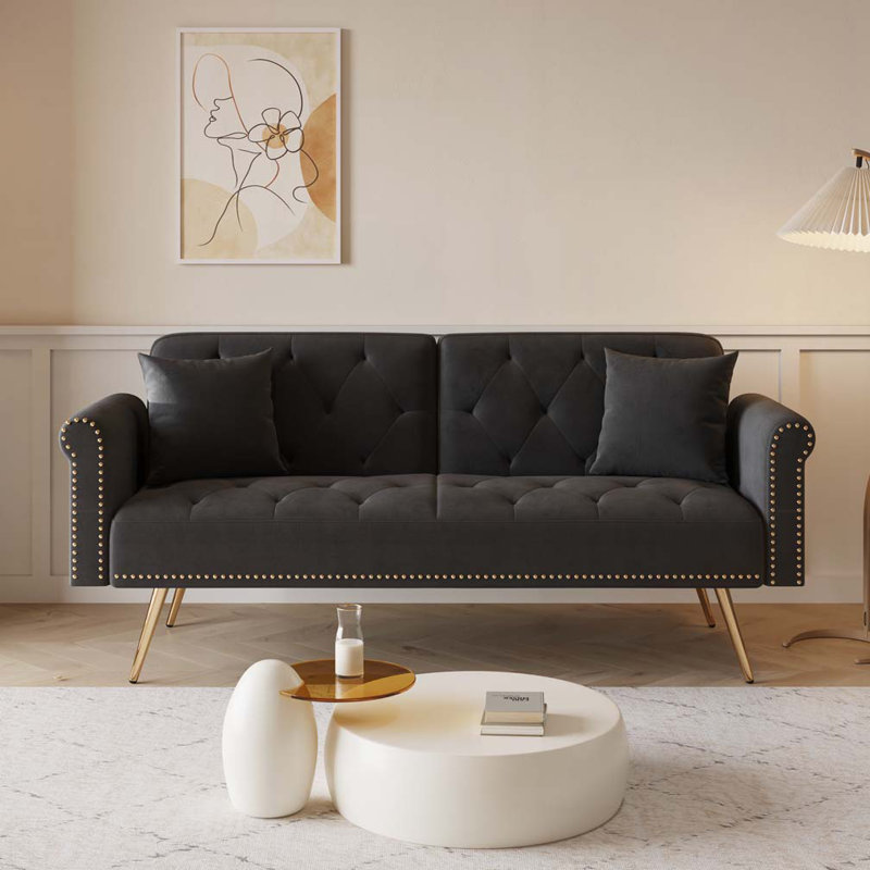 Velvet Fabric Adjustable Sofa Bed, Black