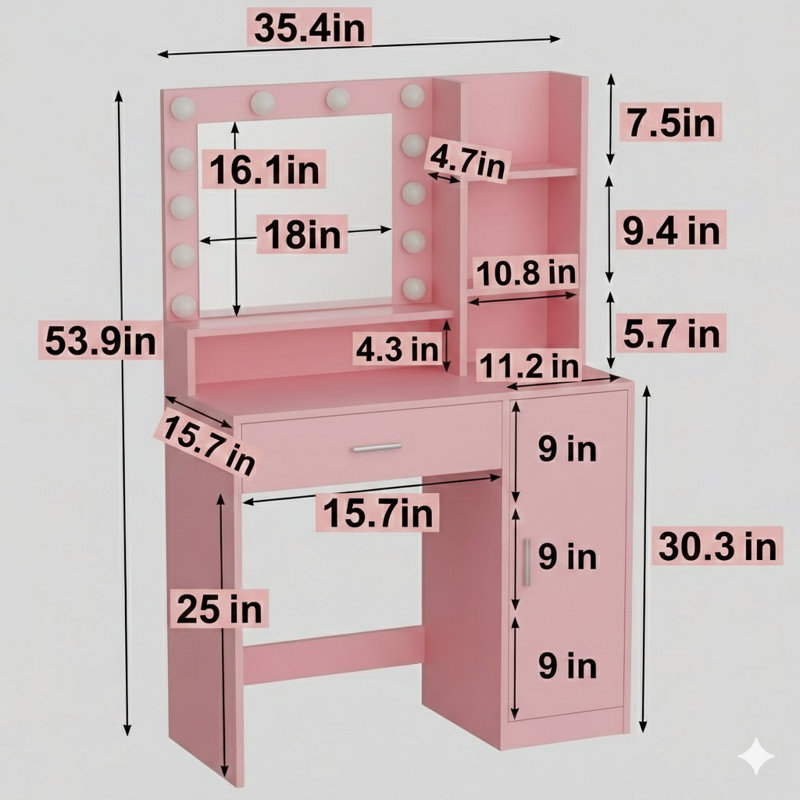 Bureau de coiffeuse avec miroir et lumière. Comprend un grand tiroir et une commode de rangement à trois niveaux, avec trois modes d'éclairage et une luminosité réglable. Une coiffeuse de chambre à coucher en rose.
